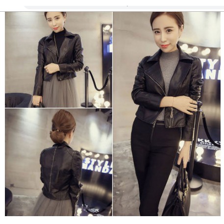 Áo khoác jacket, Áo da nữ, cạp cao, dáng ngắn, da nhân tạo, dễ kết hợp, mẫu mới nhất