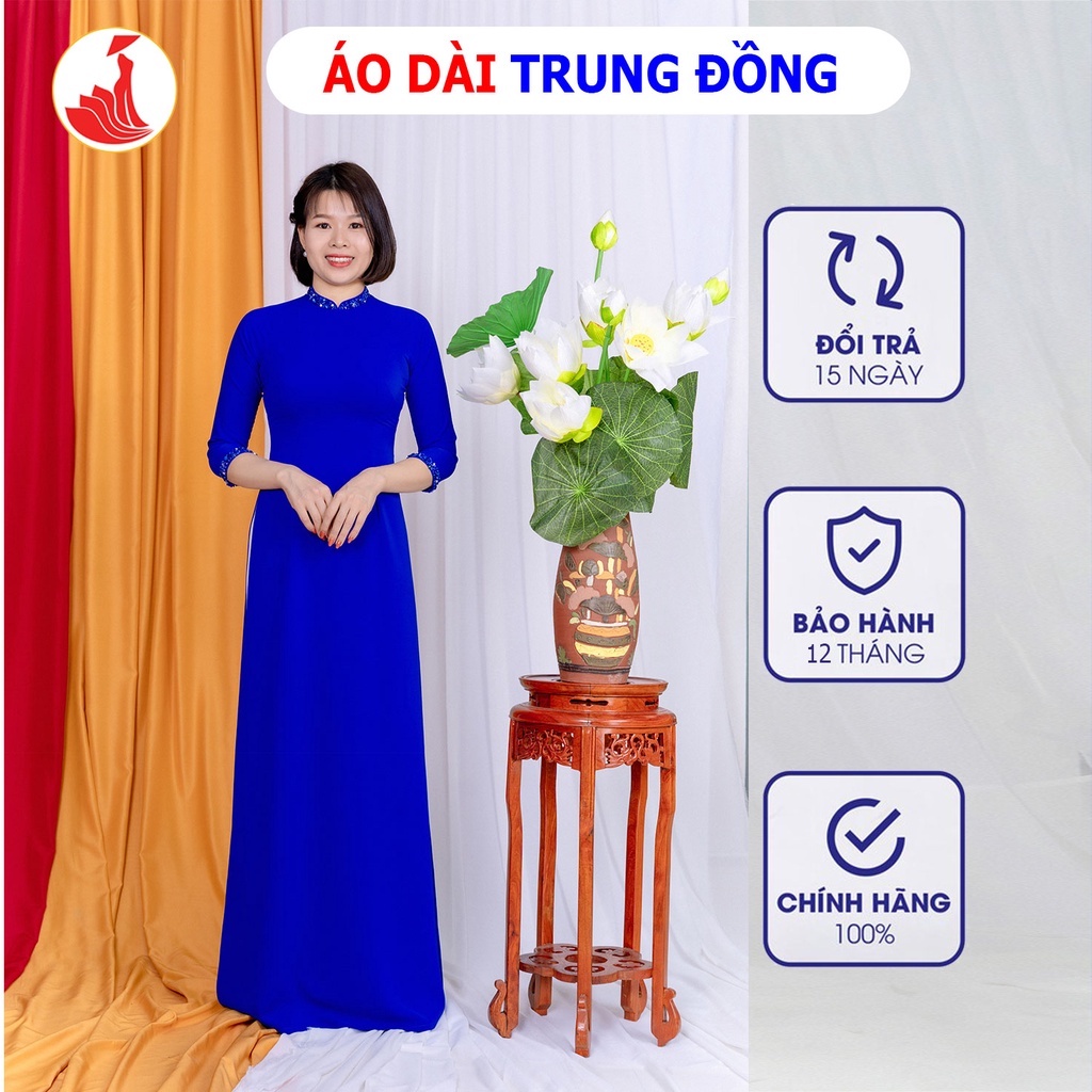 ♙❈◑Áo dài đẹp đính kết hạt thủ công ở cổ và cánh tay cao màu xanh | Trung Đồng