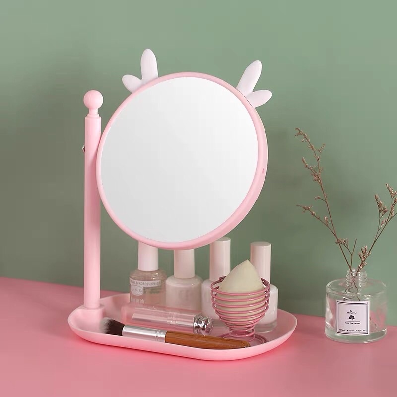 Gương để bàn trang điểm có đế đựng đồ tiện dụng kiểu dáng dễ thương