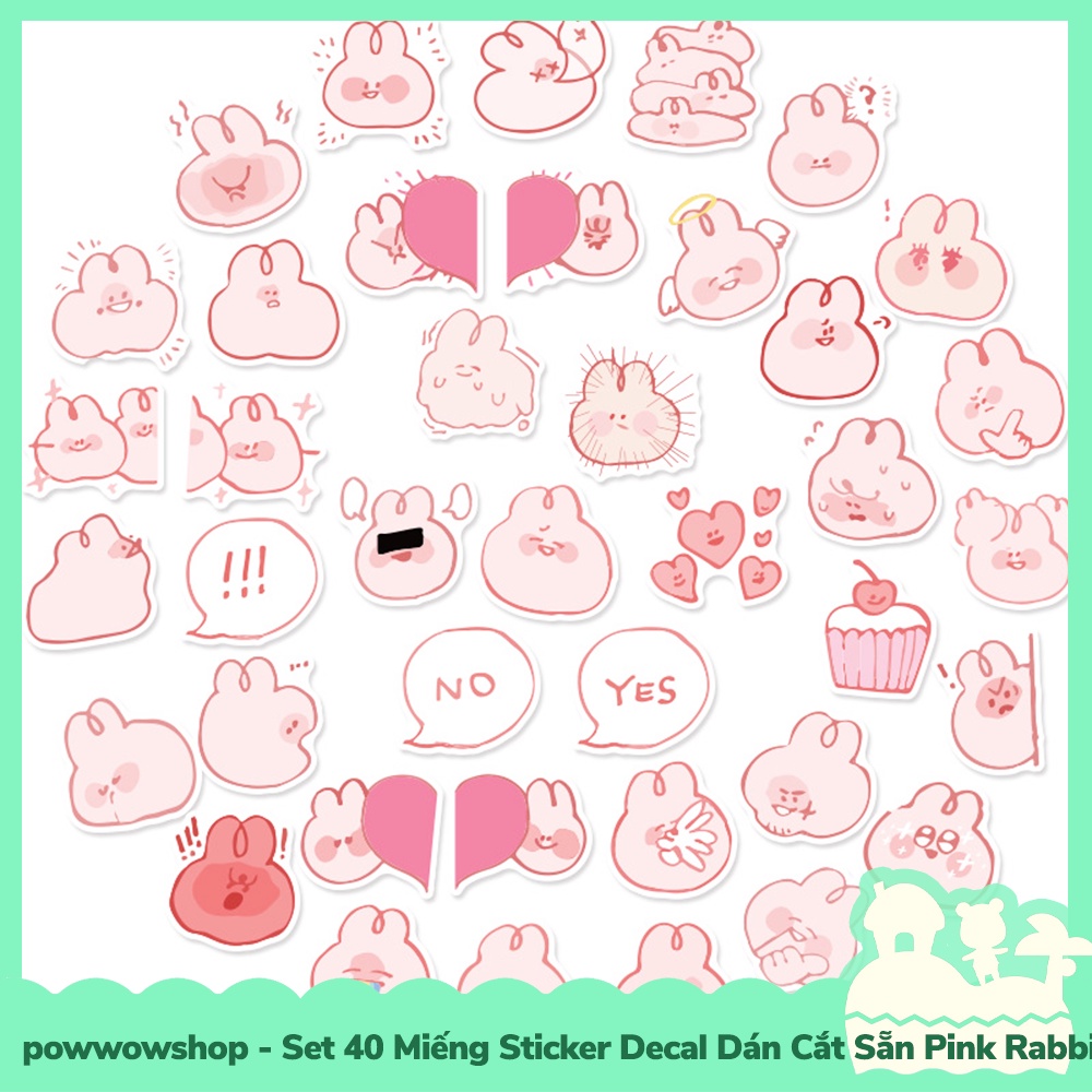 [Sẵn VN - Hỏa Tốc] Set 40 Miếng Sticker Decal Cắt Sẵn DIY Dán Trang Trí Vật Dụng Mẫu Pink Rabbit Emotional Cute