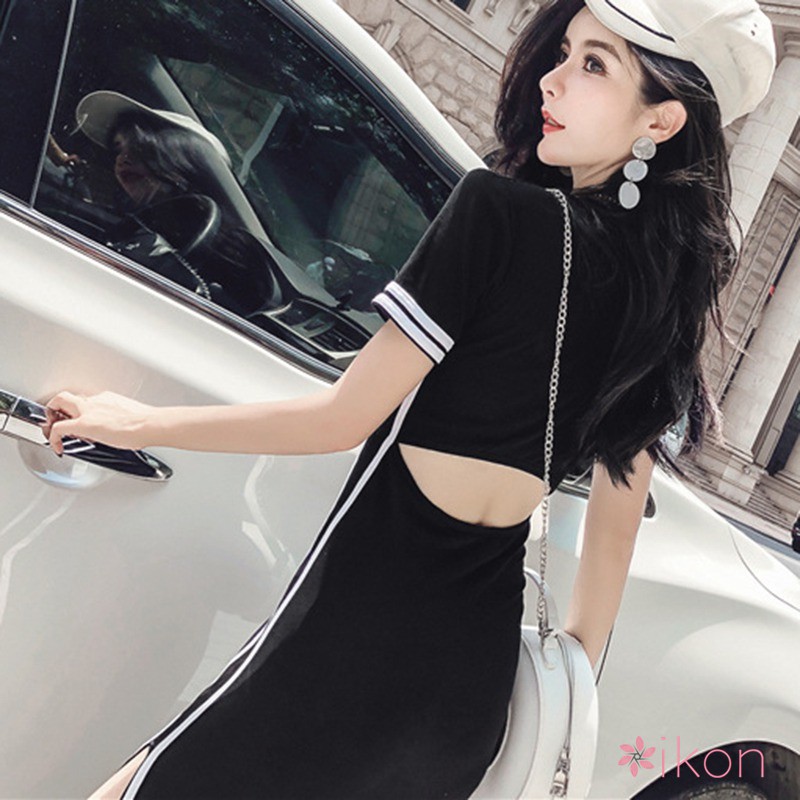 Đầm ôm dáng tay ngắn xẻ đùi với họa tiết sọc màu quyến rũ và thời trang cho nữ đầm hoa váy hoa nhí