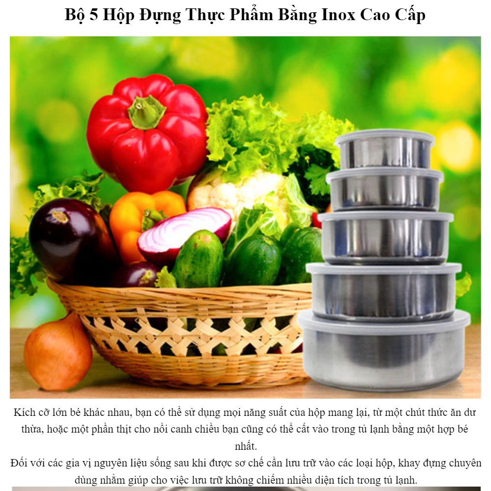 Bộ 5 hộp inox nắp nhựa đựng thực phẩm tiện dụng