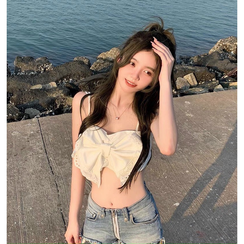 Áo kiểu croptop 2 dây viền ren nhúm lưng đính nơ ngực hot NU50