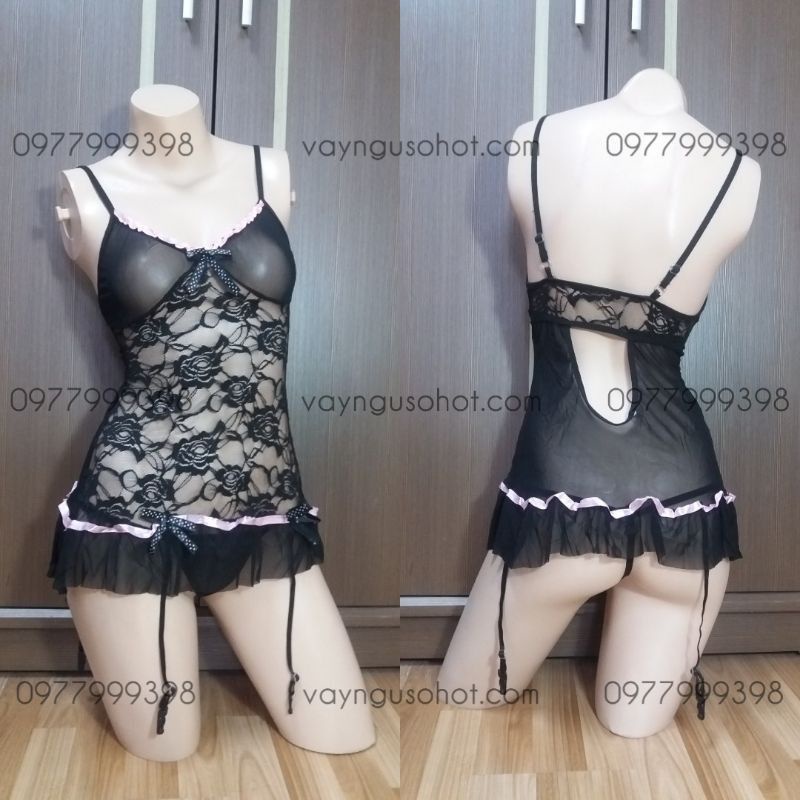 váy ngủ đầm ngủ thun ren kèm dây kẹp tất sexy gợi cảm