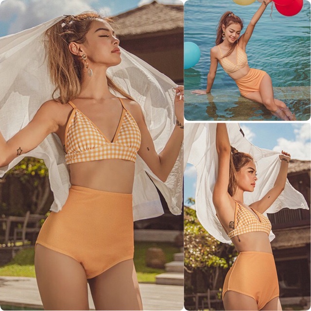 Bikini caro vàng cạp cao che bụng