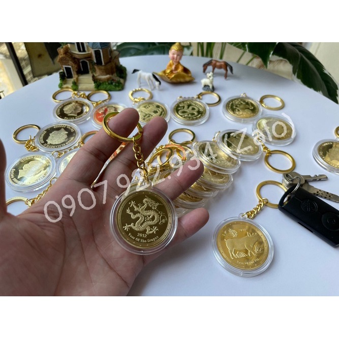 Móc Khóa Đồng Xu 12 Con Giáp Phong Thủy May Mắn, Chất Liệu Hợp Kim Niken Mạ Vàng