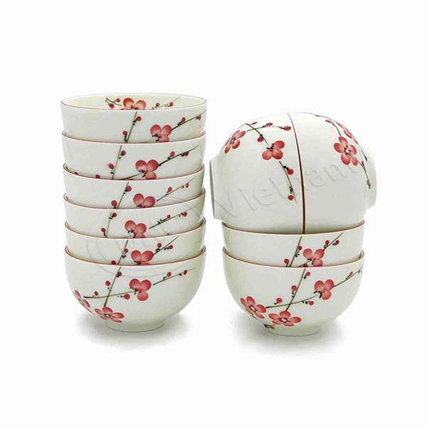 Bộ Đồ Ăn Sứ UNC Việt Nam - Men Kem Cao Cấp, hoa đào vẽ tay, dùng cho 10 người đủ món, không chứa Chì &amp; Cadimin gây hại