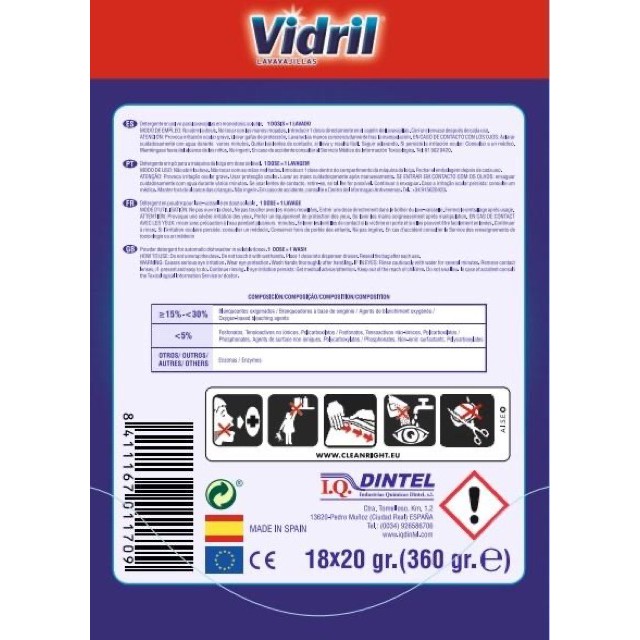 Bột Rửa Bát 3in1 Vidril  Tinh Chất Muối Không Mùi Dùng Cho Máy Rửa Bát, Bột Rửa Chén Đĩa Sản Xuất Tại EU