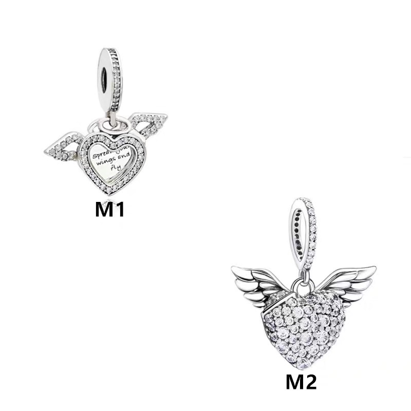 charm pan treo đôi cánh tim đính đá bạc s925 cao cấp