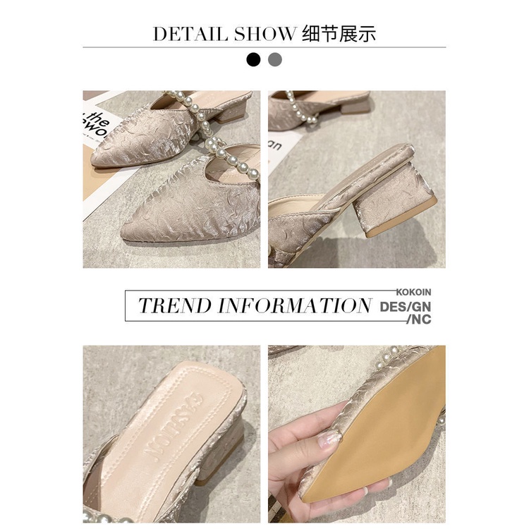Dép Muller Gót Dày Mũi Nhọn Đính Ngọc Trai Thời Trang Mùa Hè Mới 2022 Cho Nữ