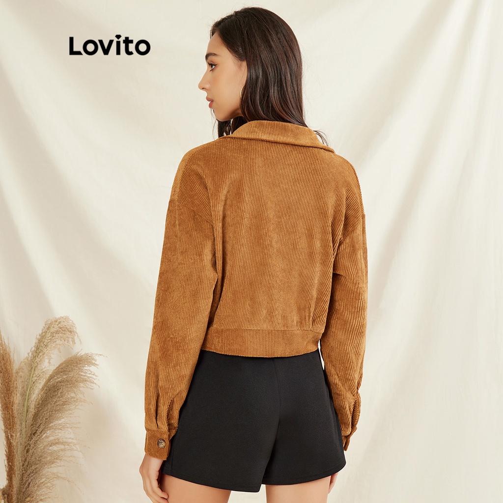 Áo Khoác Lovito Vải Nhung Kẻ Màu Nâu Có Túi Thanh Lịch L31AD030 (Màu nâu)