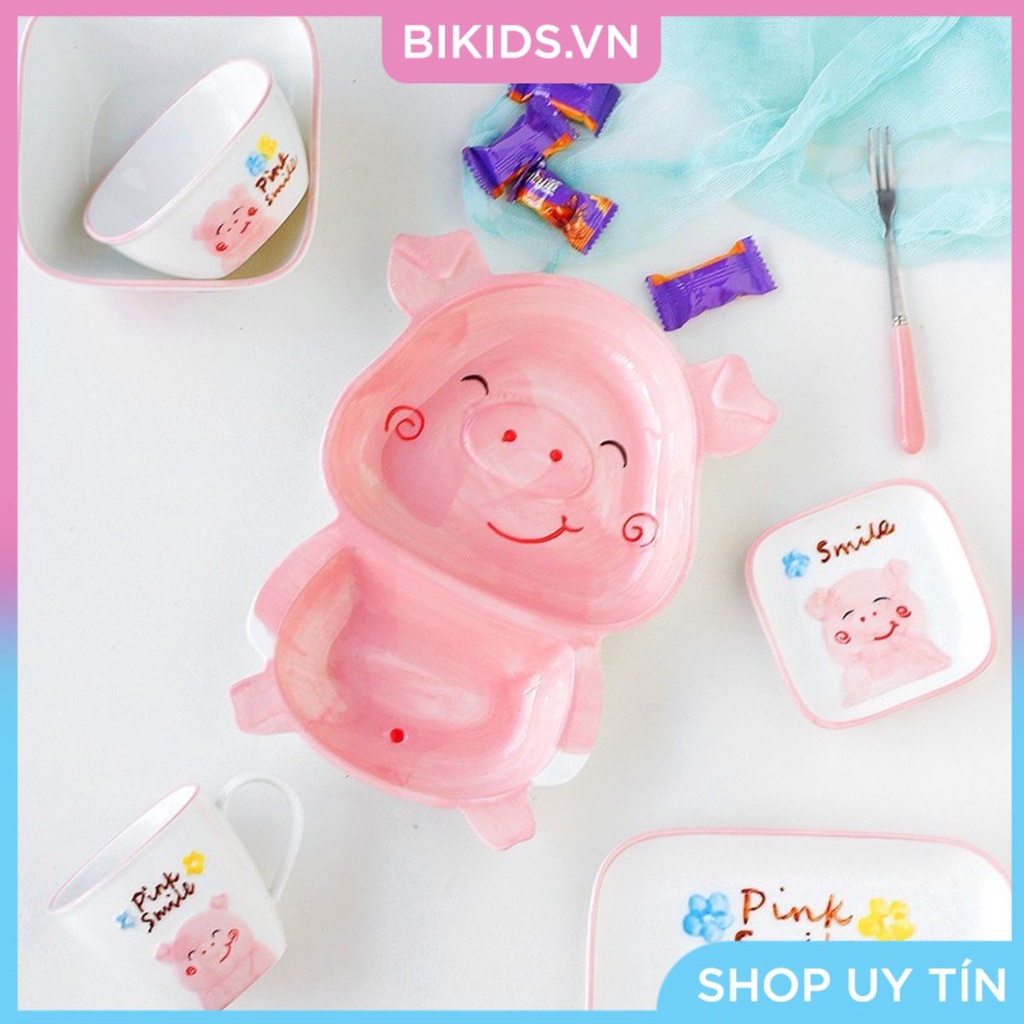 Đĩa ăn dặm sứ hình heo baby vuông mini 10cm