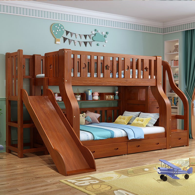 [Giường tầng] Giường tầng gỗ nguyên tấm, có bàn ghế, cao đa năng, trẻ em, khung cao, đôi <