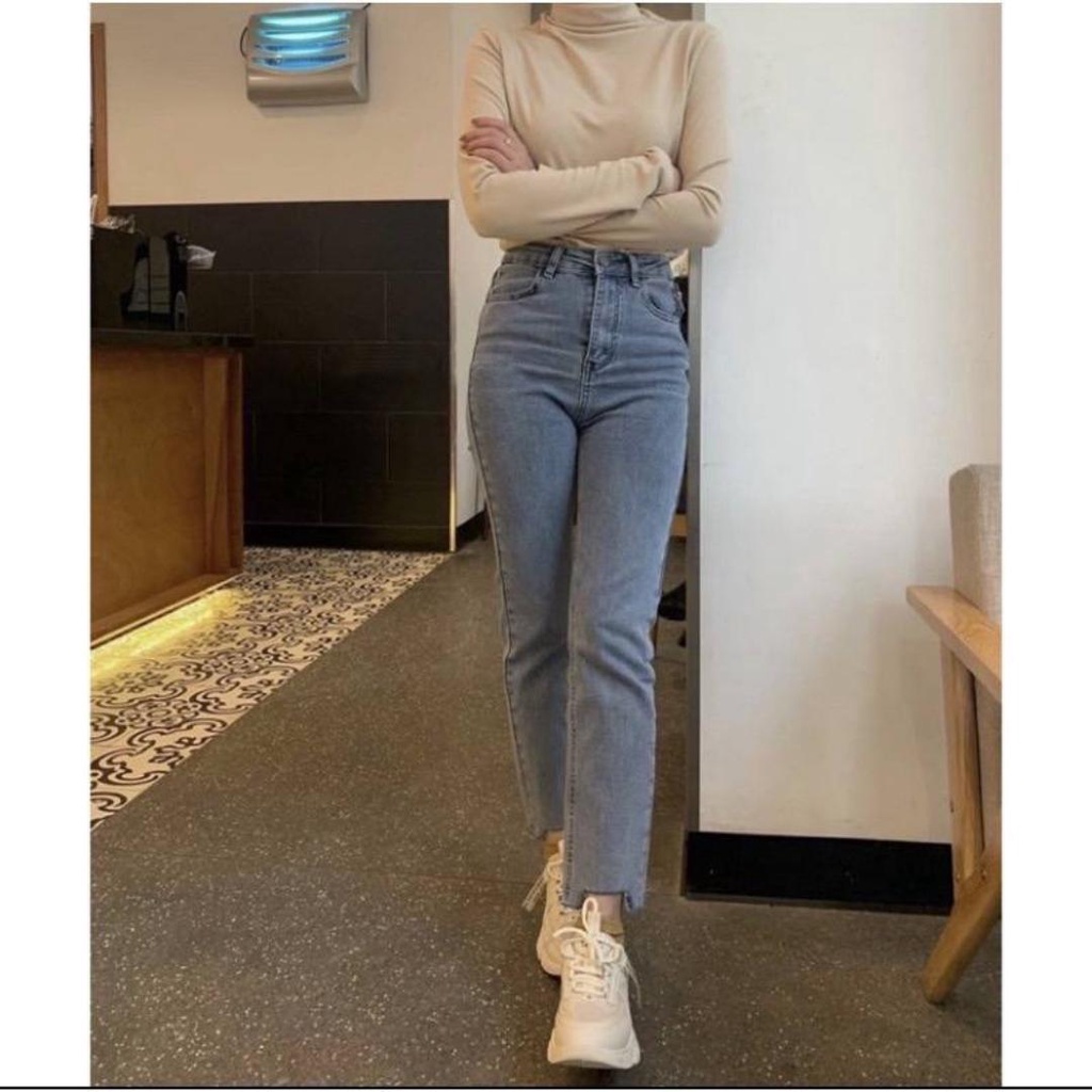 Quần Jean Nữ Ống Suông Đứng Cắt Gấu KYUBI Chất Bò Jeans Co Dãn Cao Cấp Dày Dặn (có bigsize) - UBEE