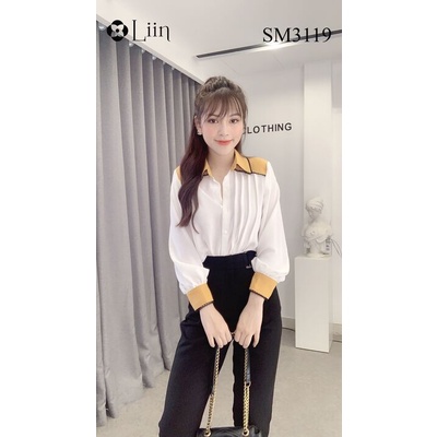 LIIN - Áo sơ mi dài tay màu trắng phối cổ vàng LINBI SM3119