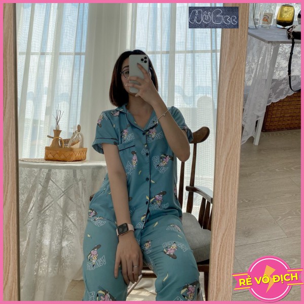 [FREESIZE] Đồ Bộ Quần Áo Ngủ Nữ Mặc Nhà Cộc Tay Pijama HUGEE Chất Vải Kate Thái Loại 1 Màu Xanh Ngọc Hình Pikachu A0483