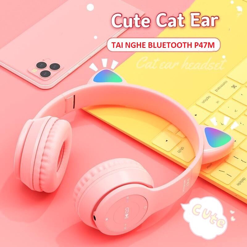 Tai nghe tai mèo Bluetooth P47M MZ47 dễ thương, có mic, bass mạnh mẽ giá siêu rẻ
