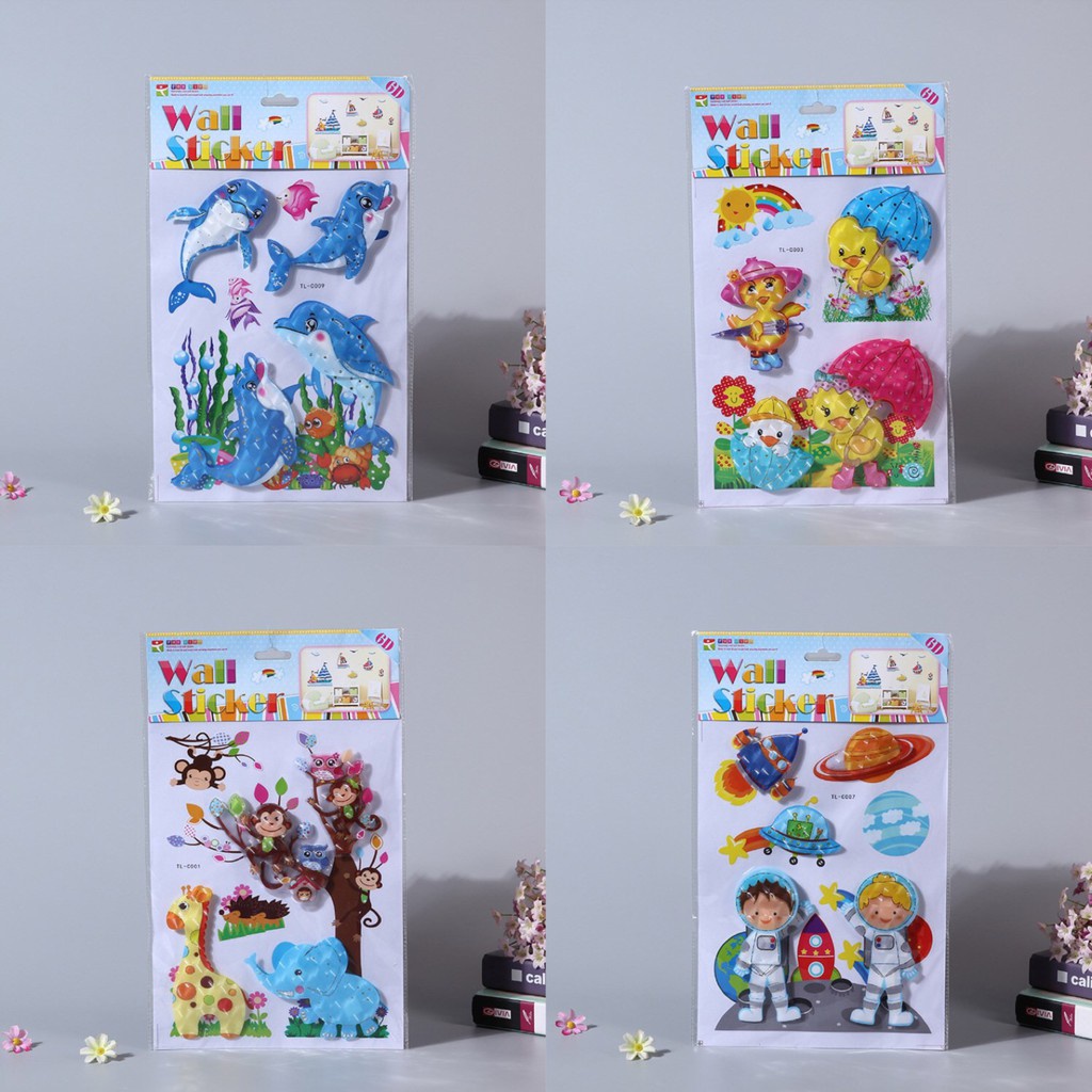 Decal dán tường Hình dán con vật nổi 3D cho bé, Tranh nổi 3D động vật trang trí