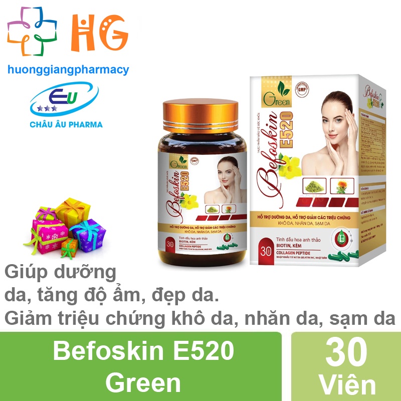 Viên uống hỗ trợ dưỡng da Befoskin E520 green làm dẹp da giúp giảm khô da nhăn da sạm da tăng độ ẩm và đàn hồi cho da