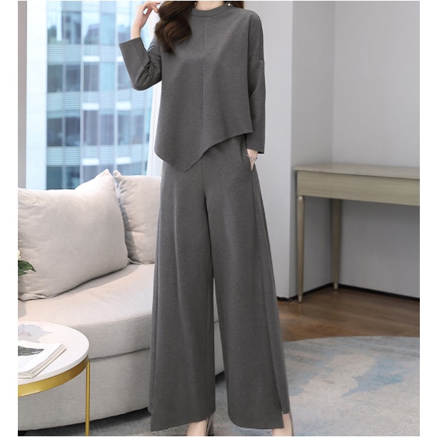 Set quần dài ống rộng và áo thun tay dài thời trang cho nữ - Bộ quần ống rộng thoáng khí thời trang mùa thu Hàn Quốc