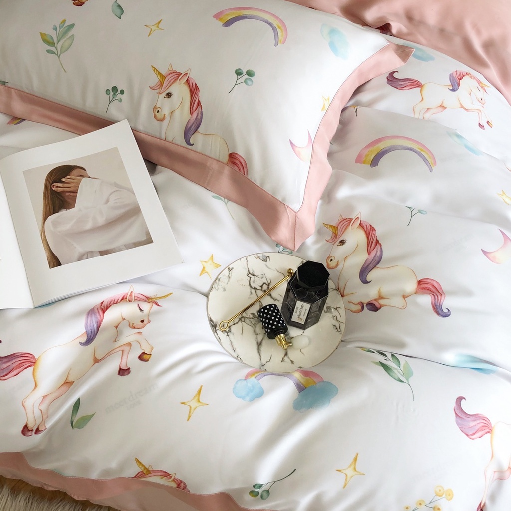 Bộ chăn ga gối Cao cấp 100%Tencel 100s Họa tiết Unicon cực dễ thương, siêu mềm mát mịn bộ 4 món