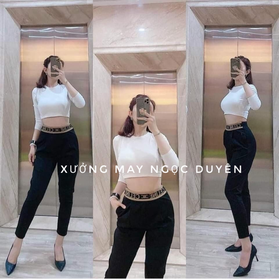 Quần baggy nữ dài xếp ly cạp cao thun chun in chữ dáng bom bo gấu - Vải Umi dày dặn màu Đen - Mặc ở nhà đi làm công sở