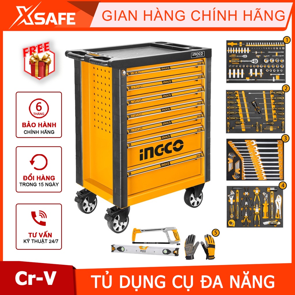 Tủ đồ nghề đa năng INGCO HTCS271621 162 chi tiết, thùng dụng cụ 7 ngăn kèm 162 đồ nghề sửa chữa [chính hãng] [xsafe]