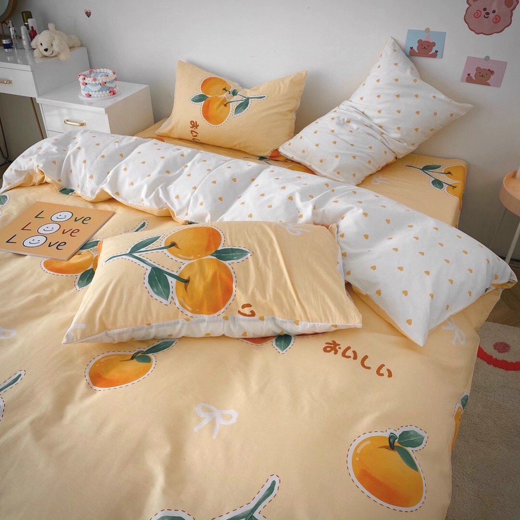 Bộ TRÁI CAM HÀN QUỐC set chăn ga gối COTTON LIVING 100%