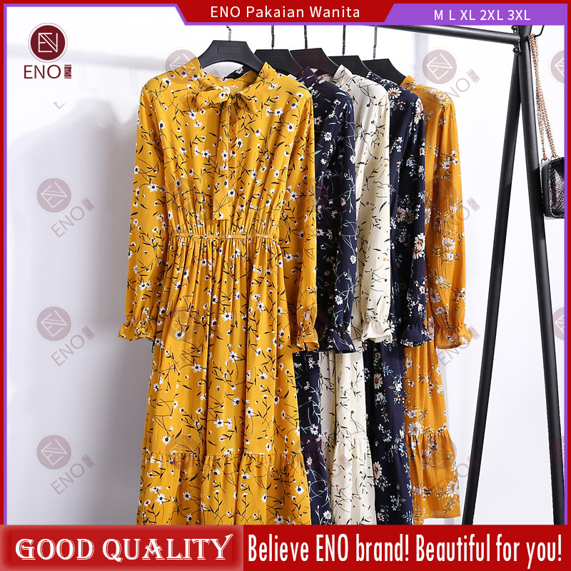 Đầm Voan Hoa Tay Dài Cổ Thắt Nơ Thời Trang Vintage Cho Nữ | BigBuy360 - bigbuy360.vn