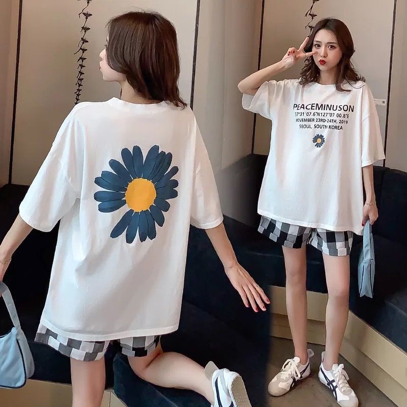Bộ Áo Thun Tay Ngắn Dáng Rộng + Quần Bó Bụng Phong Cách Phương Tây Dành Cho Bà Bầu Suikone💋