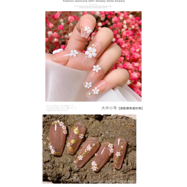 Set 100 Bông Hoa Trắng mini Ba Chiều Bằng resin Màu Trắng Dùng Để Trang Trí Móng Tay