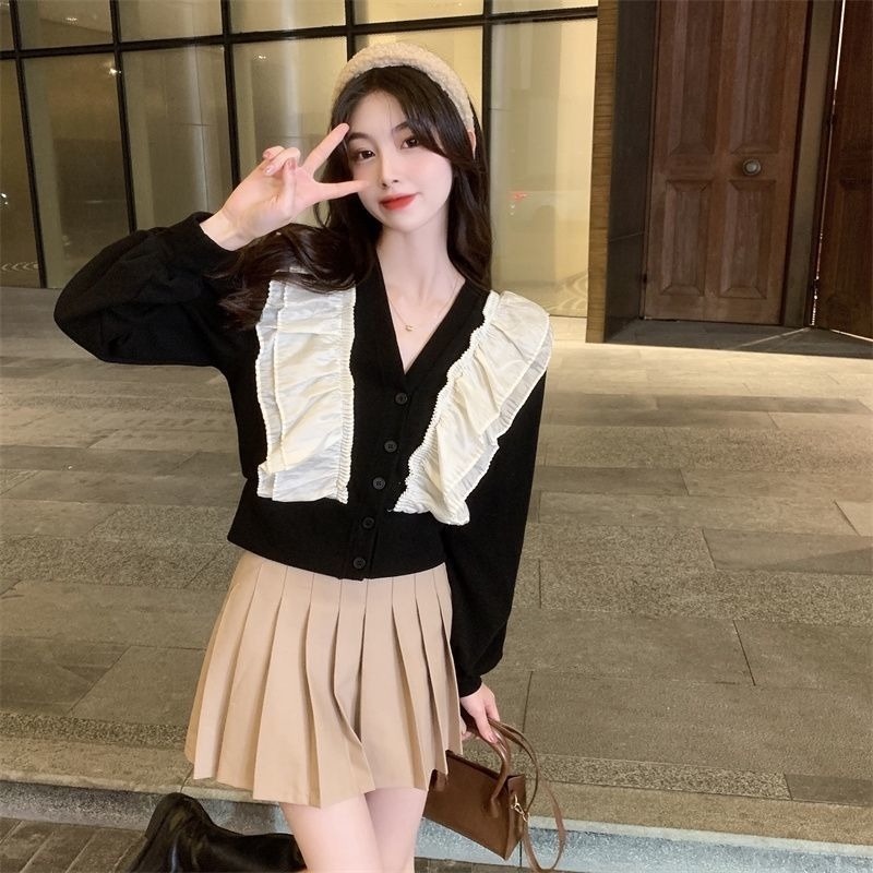 Áo Sơ Mi Tay Dài Cổ Chữ V Dáng Rộng Thiết Kế Nhún Bèo Phong Cách Mùa Đông Mới Cho Nữ