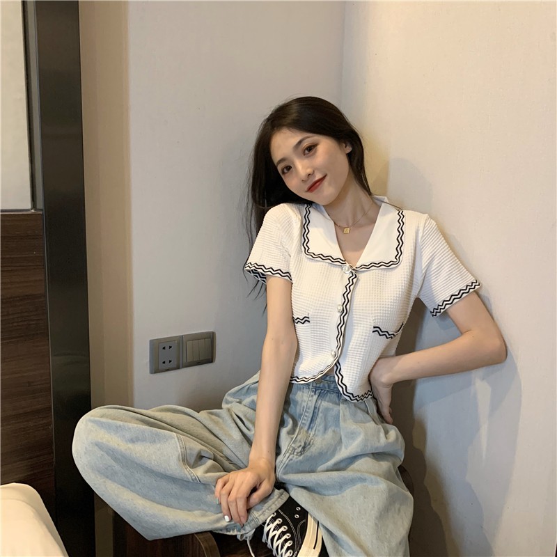 Áo Croptop Tay Ngắn, Có Viền, Áo Thun Cổ Sen Phong Cách Retro Hàn Quốc HH036