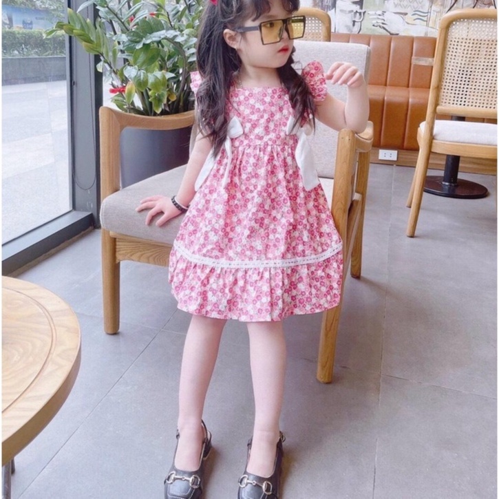 Váy Cánh Tiên Chất Thô Hoa Mềm Phối Ren Đính Nơ Cho Bé Gái MINTSCLOSET Size Từ 4 - 7 Tuổi - GV0037
