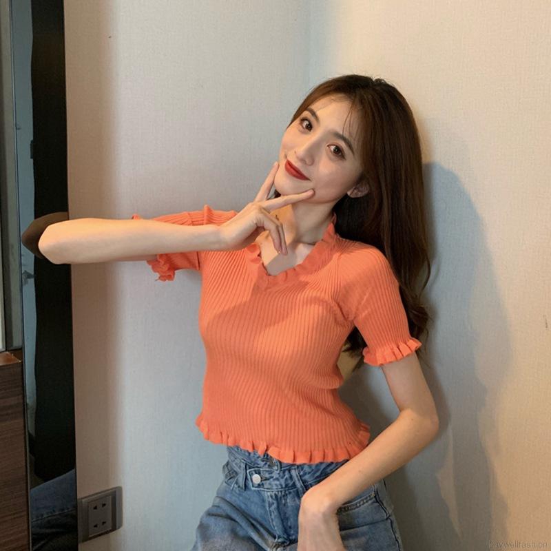 [Baywellfashion]Korean Style Sexy Knit Short V-neck Solid Color Stringy Selvedge Simple Casual Comfortable Women's Tops | BigBuy360 - bigbuy360.vn