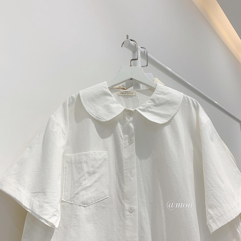 2101646 Áo sơ mi nữ - áo sơ mi cộc tay tiểu thư cổ tròn chất đũi thô mềm mát freesize 2 màu thời trang ulzzang | BigBuy360 - bigbuy360.vn