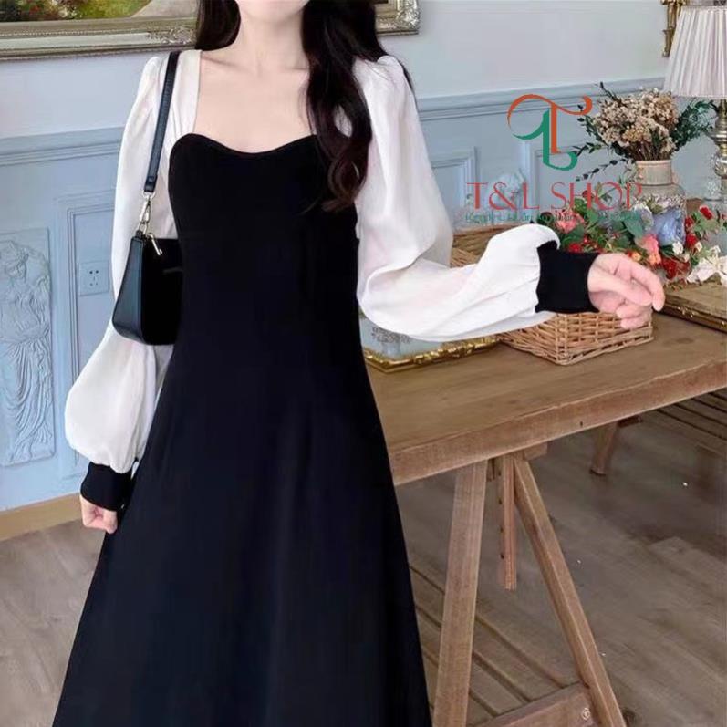 Đầm Maxi Đen Xoè Phối Tay Dài Màu Trắng Tiểu Thư Thanh Lịch