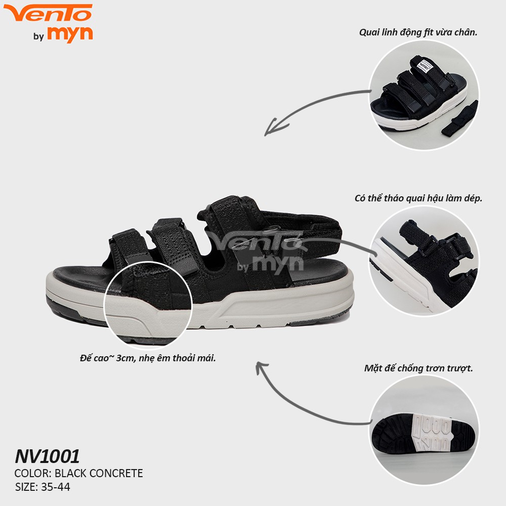 Giày Sandal Vento Nam Nữ F12 F1001 3 quai - Đen ghi