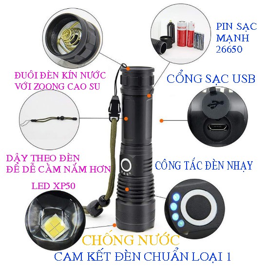 Đèn pin cầm tay siêu sáng XHP50 đèn pin chống nước chiếu xa Khacle store | BigBuy360 - bigbuy360.vn