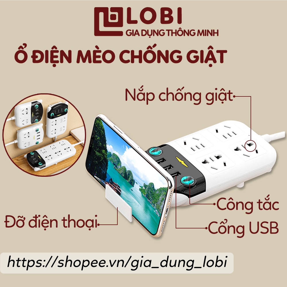 Ổ cắm điện mèo LobiShop Ổ cắm điện USB chống giật 4 ổ cắm 3 chấu chân dẹt chân tròn 3 cổng usb hàng chuẩn