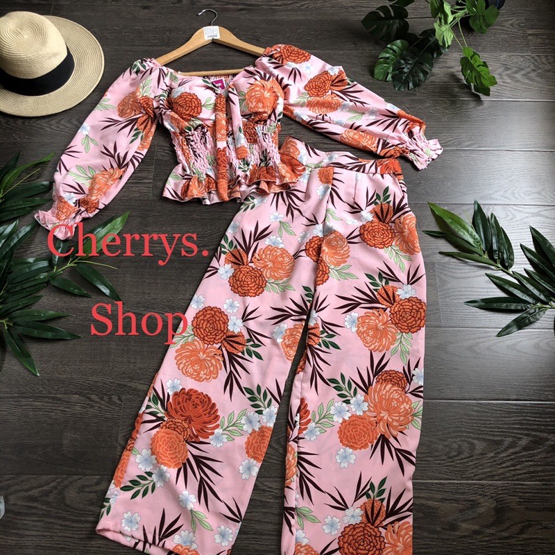 set đồ bộ lụa hoa tiểu thư áo thun dún quần ống rộng fom dưới 55 siêu hot