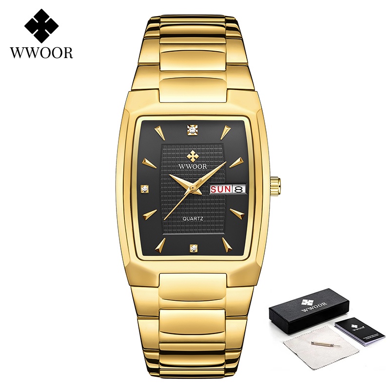 Wwoor Đồng Hồ Đeo Tay Mặt Vuông Màu Vàng Đen Sang Trọng Cho Nữ Relogio Feminino-8837