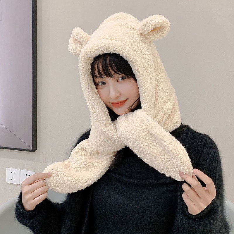 Mũ lông cừu dài kiêm khăn choàng giữ ấm thu đông thời trang cho nữ