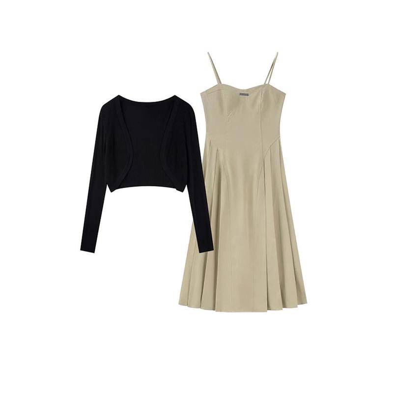 Set Đầm Hai Dây Dáng Chữ A Và Áo Khoác Cardigan Màu Đen Thời Trang Mùa Thu