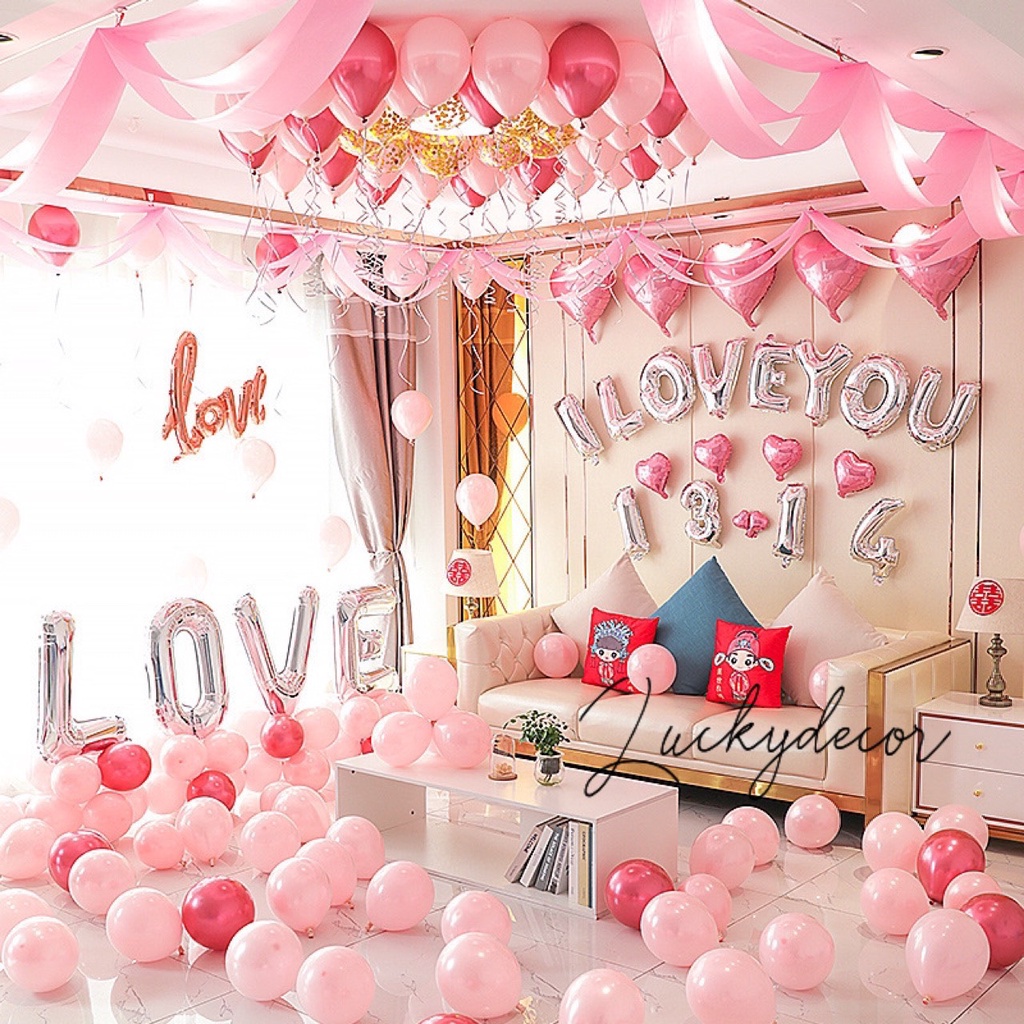 (Tặng 100 cánh hoa trải giường) Set bóng bay trang trí phòng cưới, tân hôn tông hồng baby trend 2022 HN90
