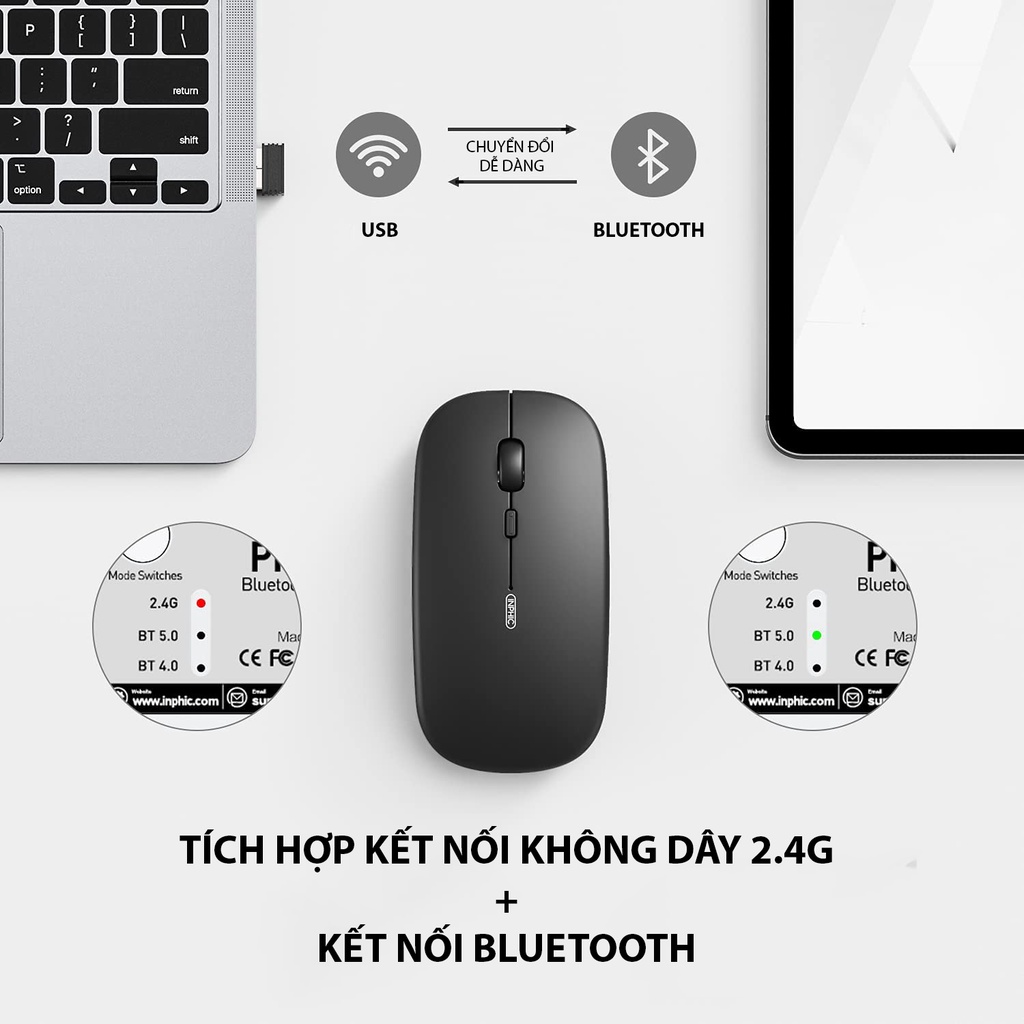 [2.4G+Bluetooth] Chuột Sạc Không Dây Inphic PM1 Cho Máy Tính, Laptop, Macbook