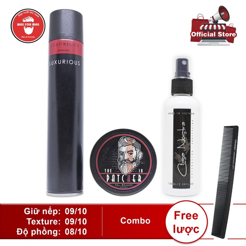 Sáp vuốt tóc The Patcher + Cosa Nostra pre-styling + gôm Luxurious