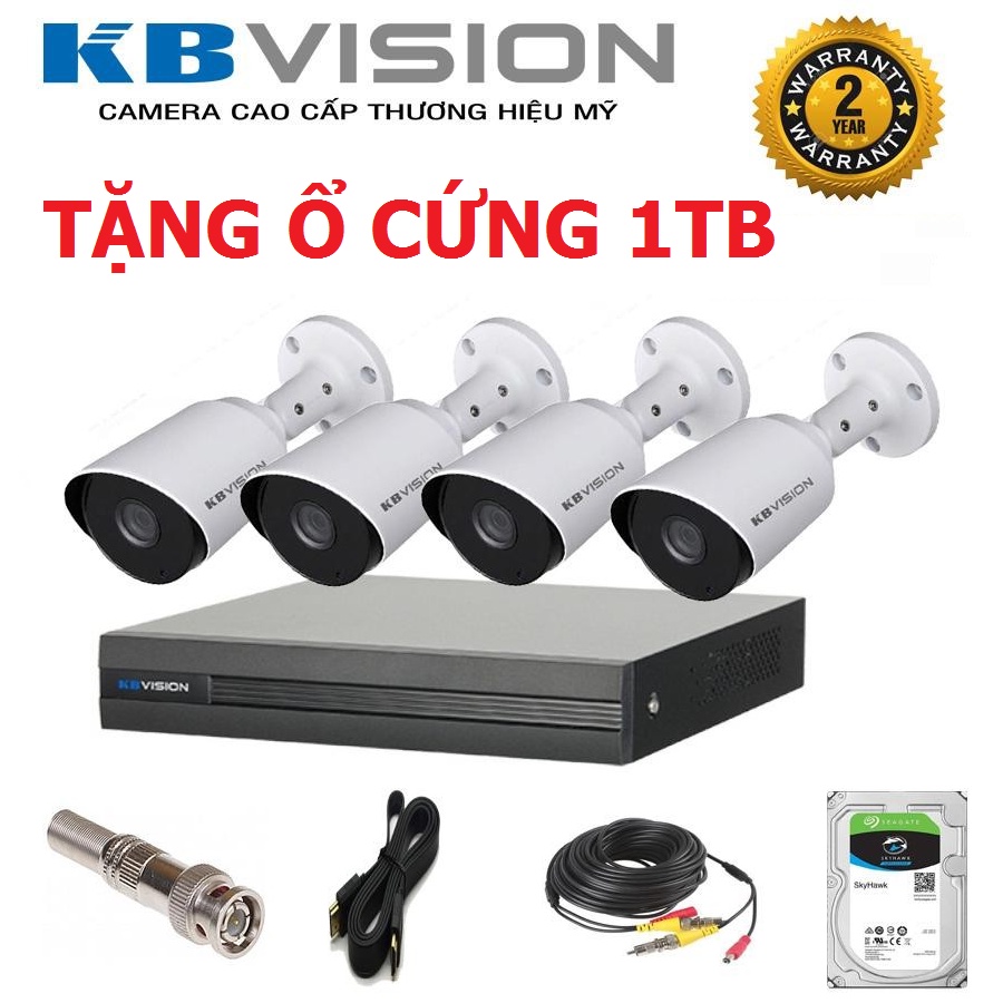 Trọn bộ 4 camera KBVISION 1080P 2.0 TẶNG Ổ CỨNG 1TB  - Đầy đủ phụ kiện chính hãng Full VAT