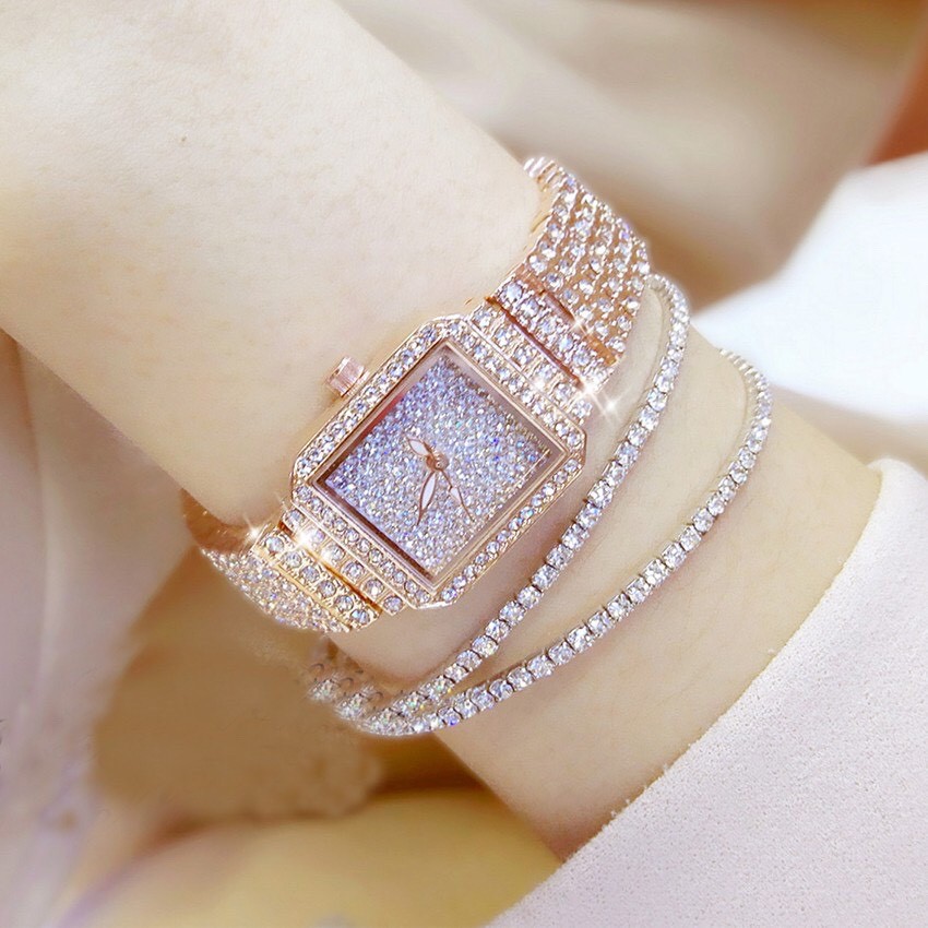 Đồng Hồ Nữ BEESISTER BS14 Mặt Vuông Đính Full Đá Siêu Đẹp Dây Thép Không Gỉ