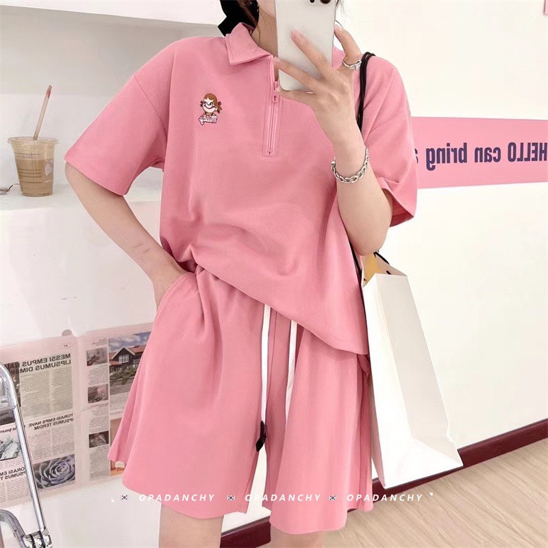 Bộ Đùi Nam Nữ Form Polo Khóa Cổ Cô Gái Hàn Quốc- Bộ Đùi Tay Lỡ  Dày Mịn Thoáng Mát Thiết Kế  Kiểu Dáng Năng Động